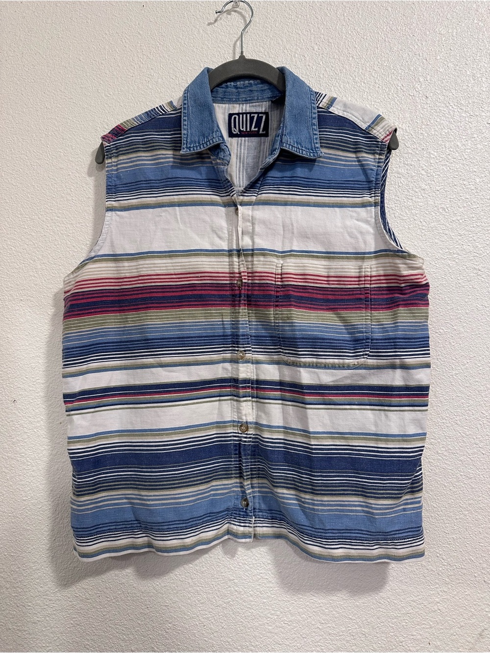 Quizz Striped Sleeveless Button-Up Shirt - Blue, White, Pink